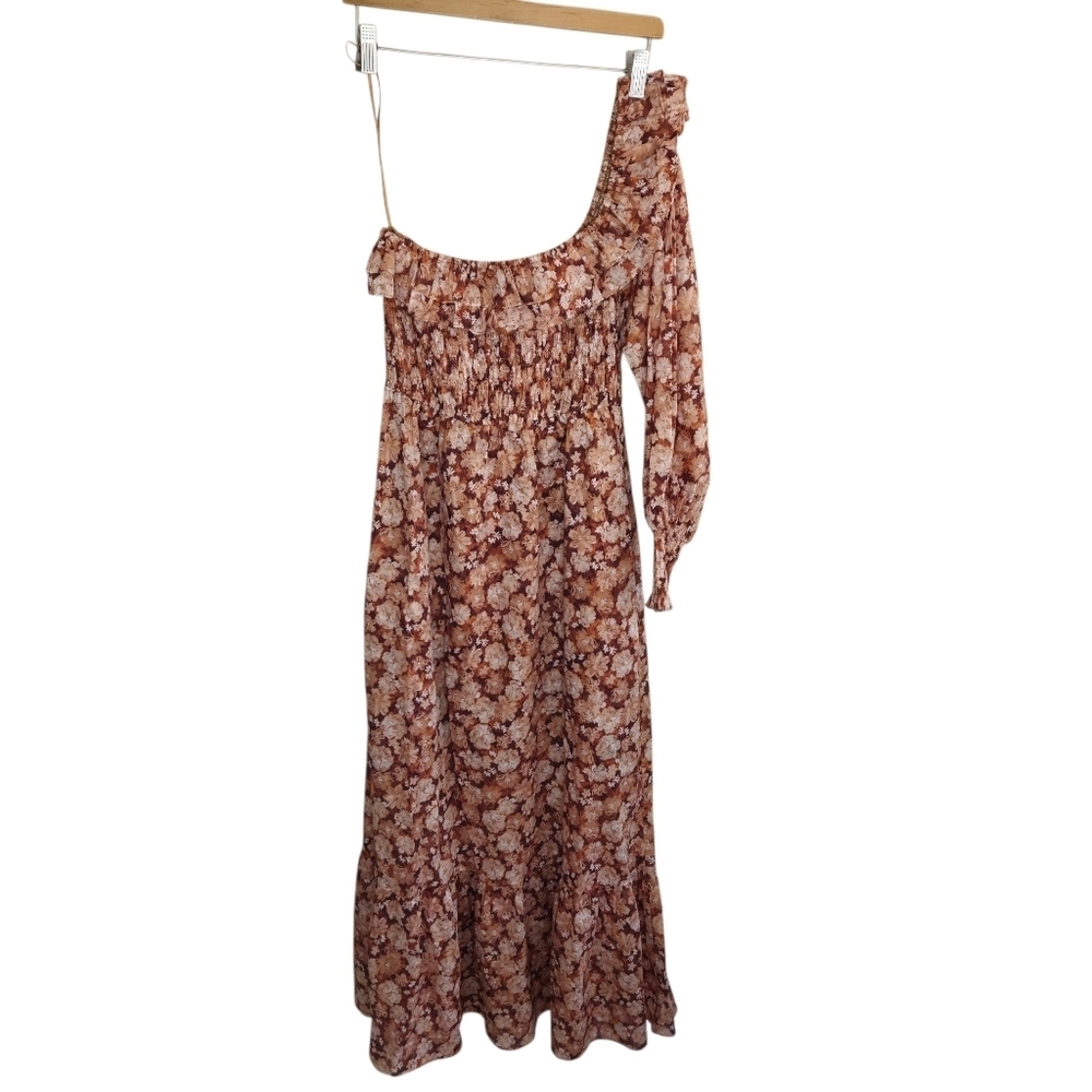 Sofie The Label Brown Floral One Shoulder Ruffle Boho Midi Dress Size Small - Picture 2 of 9